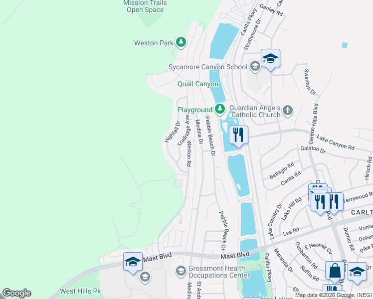 map of restaurants, bars, coffee shops, grocery stores, and more near 8870 Trailridge Avenue in Santee