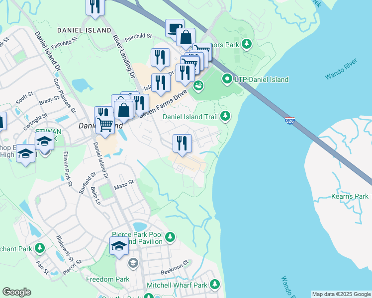 map of restaurants, bars, coffee shops, grocery stores, and more near in Charleston