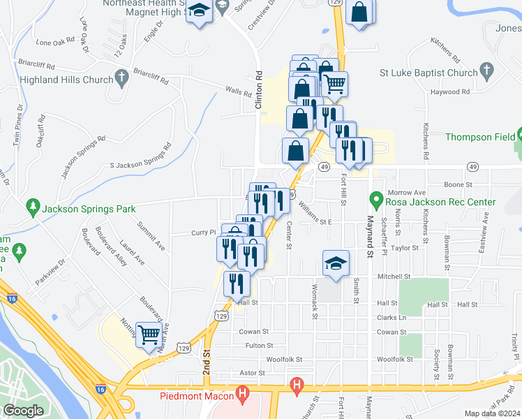 map of restaurants, bars, coffee shops, grocery stores, and more near 1212 Gray Highway in Macon