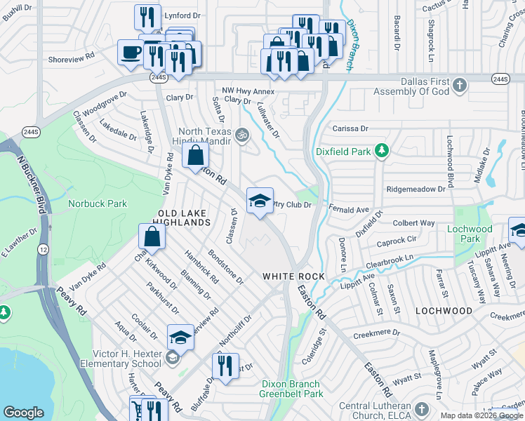 map of restaurants, bars, coffee shops, grocery stores, and more near 443 Easton Road in Dallas
