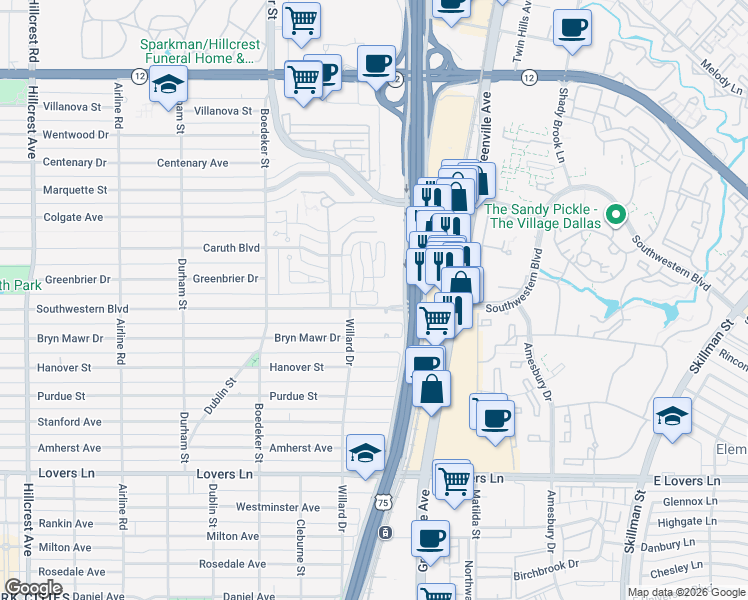 map of restaurants, bars, coffee shops, grocery stores, and more near 7983 Caruth Court in Dallas