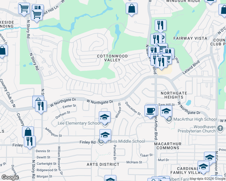 map of restaurants, bars, coffee shops, grocery stores, and more near 4309 Fannin Drive in Irving
