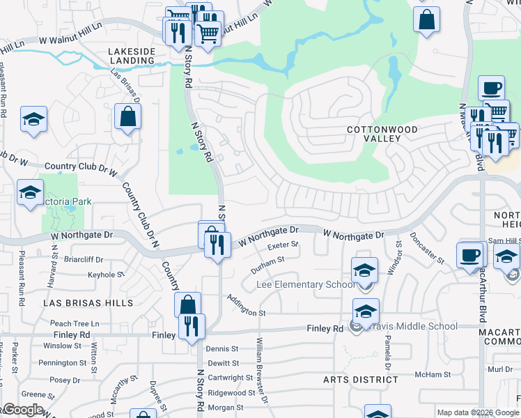 map of restaurants, bars, coffee shops, grocery stores, and more near 4000 East Hill Drive in Irving