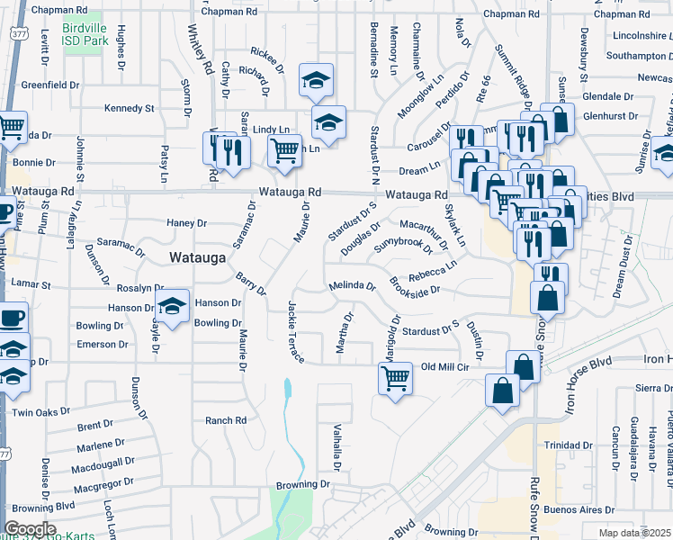 map of restaurants, bars, coffee shops, grocery stores, and more near 6212 Brookside Drive in Watauga