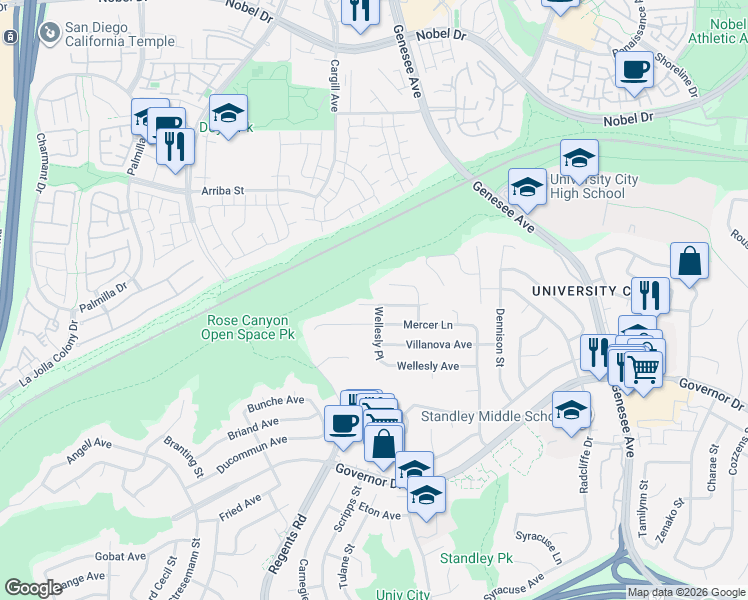 map of restaurants, bars, coffee shops, grocery stores, and more near 3190 Galloway Drive in San Diego