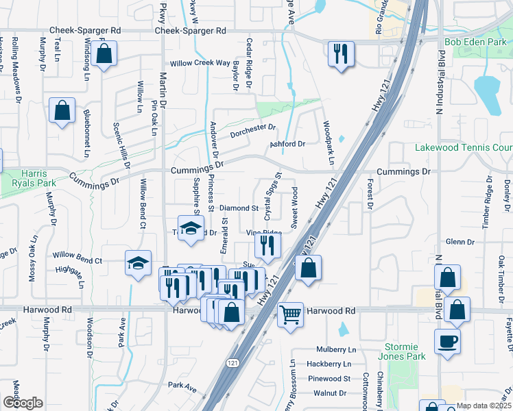map of restaurants, bars, coffee shops, grocery stores, and more near 3200 Vintage Way in Bedford