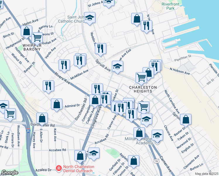 map of restaurants, bars, coffee shops, grocery stores, and more near 2003 Cosgrove Avenue in North Charleston