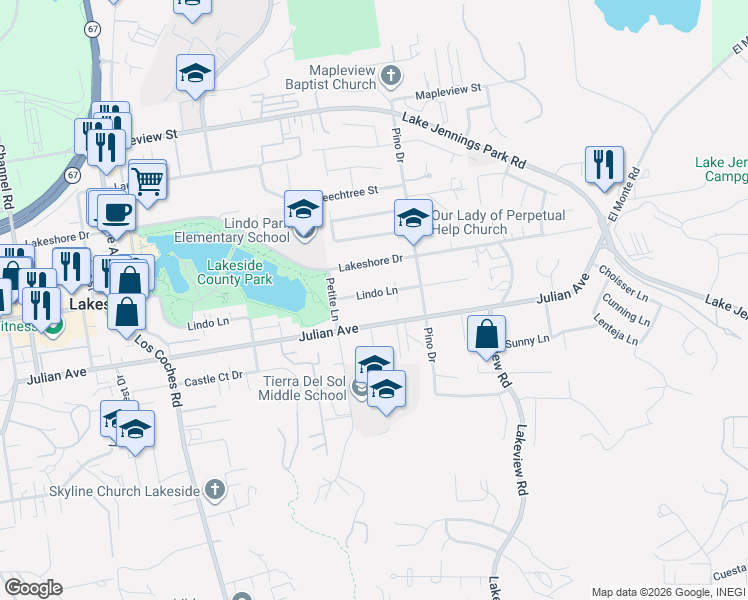 map of restaurants, bars, coffee shops, grocery stores, and more near 13049 Lindo Lane in Lakeside