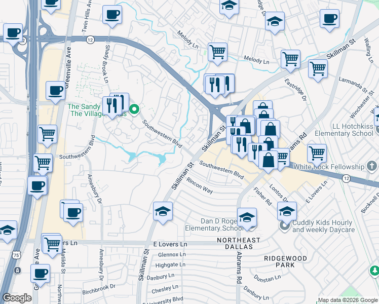 map of restaurants, bars, coffee shops, grocery stores, and more near 8912 Southwestern Boulevard in Dallas