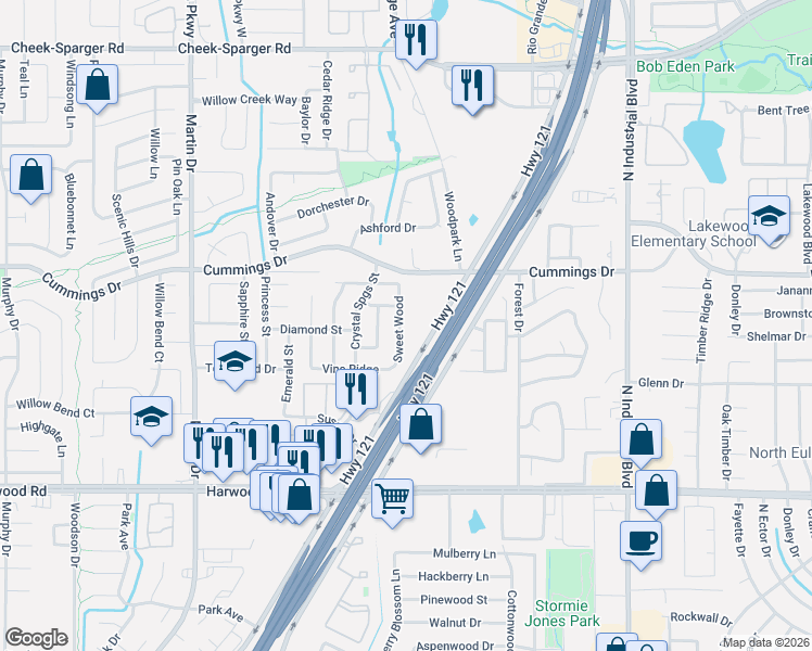 map of restaurants, bars, coffee shops, grocery stores, and more near 3520 Sweet Wood in Bedford