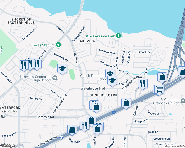 map of restaurants, bars, coffee shops, grocery stores, and more near 4017 Wynford Drive in Garland