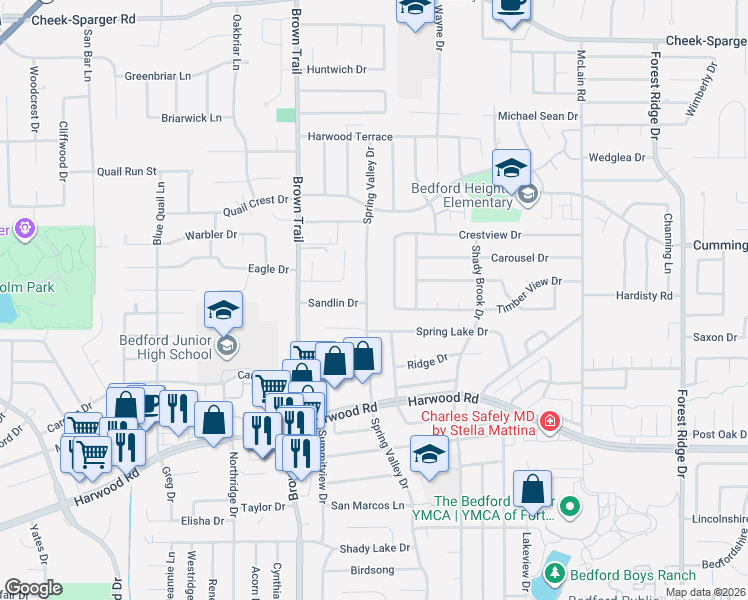 map of restaurants, bars, coffee shops, grocery stores, and more near 3300 Spring Valley Dr in Bedford