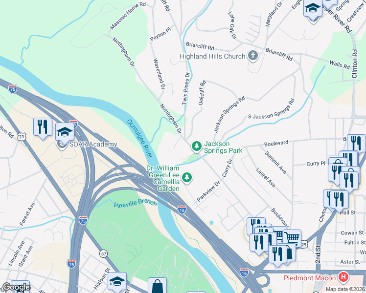 map of restaurants, bars, coffee shops, grocery stores, and more near 1072 Nottingham Drive in Macon