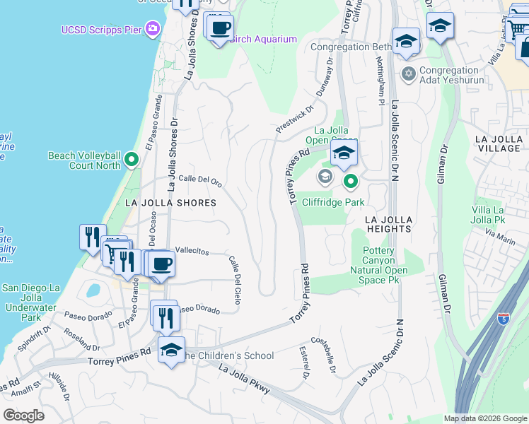 map of restaurants, bars, coffee shops, grocery stores, and more near 8316 Prestwick Drive in San Diego