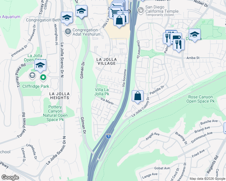 map of restaurants, bars, coffee shops, grocery stores, and more near 8356 Via Sonoma in San Diego