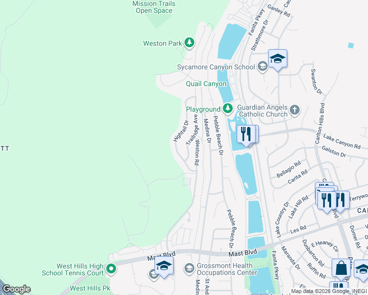 map of restaurants, bars, coffee shops, grocery stores, and more near 8870 Trailridge Avenue in Santee