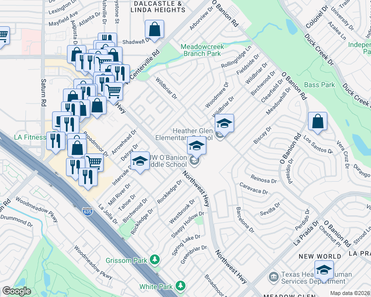 map of restaurants, bars, coffee shops, grocery stores, and more near 5041 Overcrest Drive in Garland