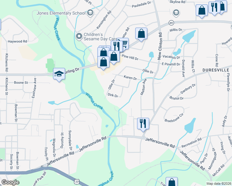map of restaurants, bars, coffee shops, grocery stores, and more near 1950 Dirk Drive in Macon