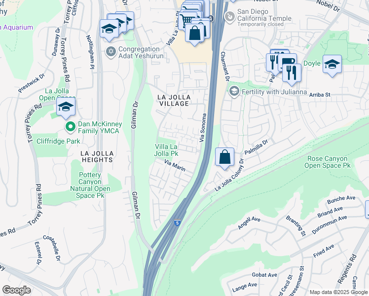 map of restaurants, bars, coffee shops, grocery stores, and more near 8356 Via Sonoma in San Diego