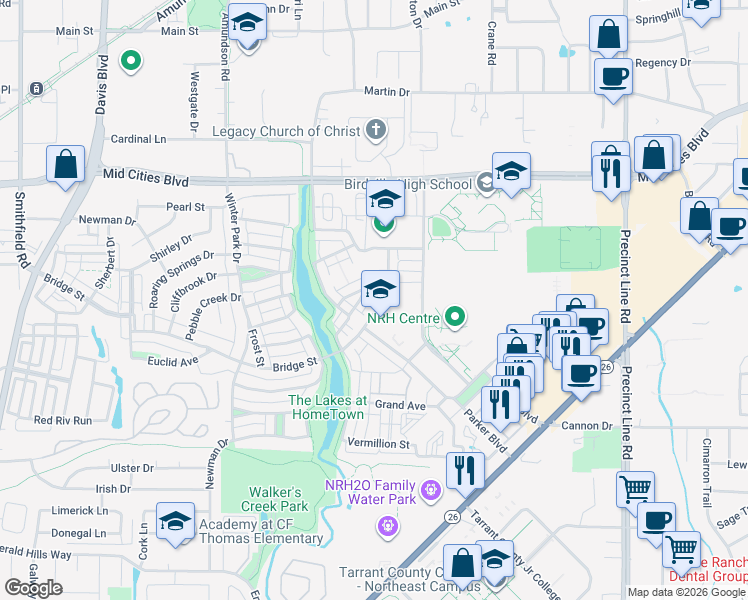 map of restaurants, bars, coffee shops, grocery stores, and more near 8761 Bridge Street in Fort Worth