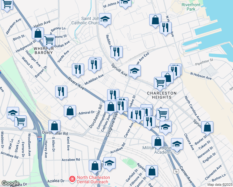 map of restaurants, bars, coffee shops, grocery stores, and more near 3434 Apache Street in North Charleston