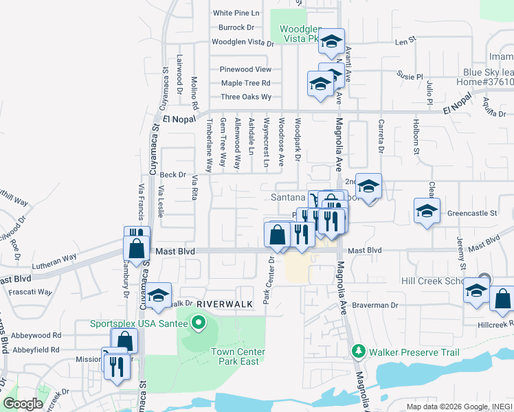 map of restaurants, bars, coffee shops, grocery stores, and more near 10160 Conejo Lane in Santee