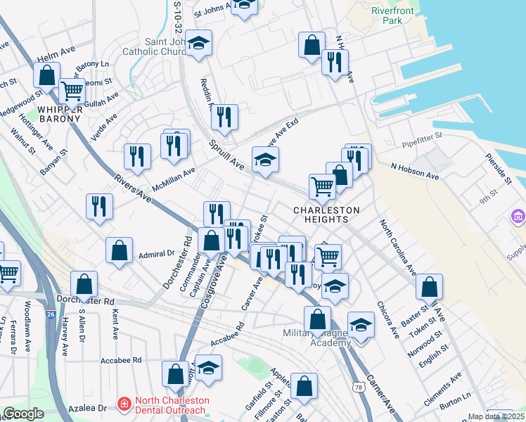map of restaurants, bars, coffee shops, grocery stores, and more near 3336 Kraft Avenue in North Charleston