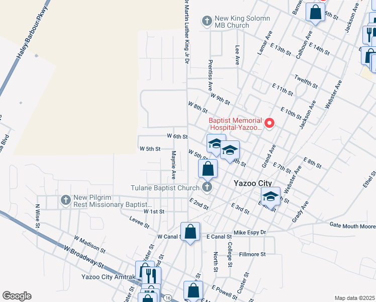 map of restaurants, bars, coffee shops, grocery stores, and more near 209 West 5th Street in Yazoo City
