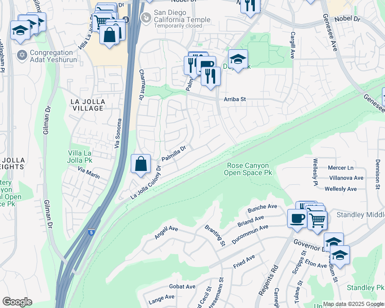 map of restaurants, bars, coffee shops, grocery stores, and more near 4089 Caminito Terviso in San Diego
