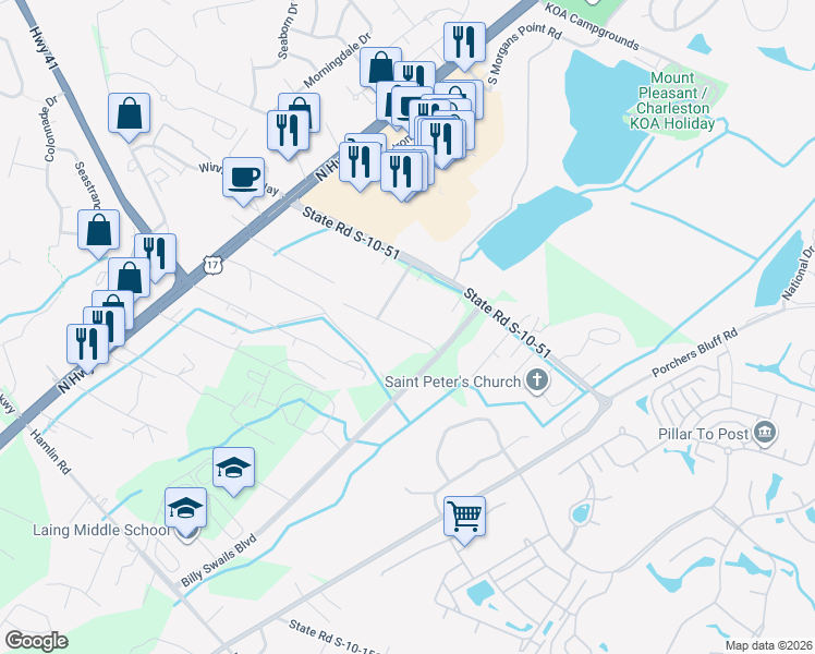 map of restaurants, bars, coffee shops, grocery stores, and more near 1216 Sharpestowne Court in Mount Pleasant