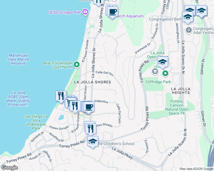 map of restaurants, bars, coffee shops, grocery stores, and more near 2355 Calle De La Garza in San Diego
