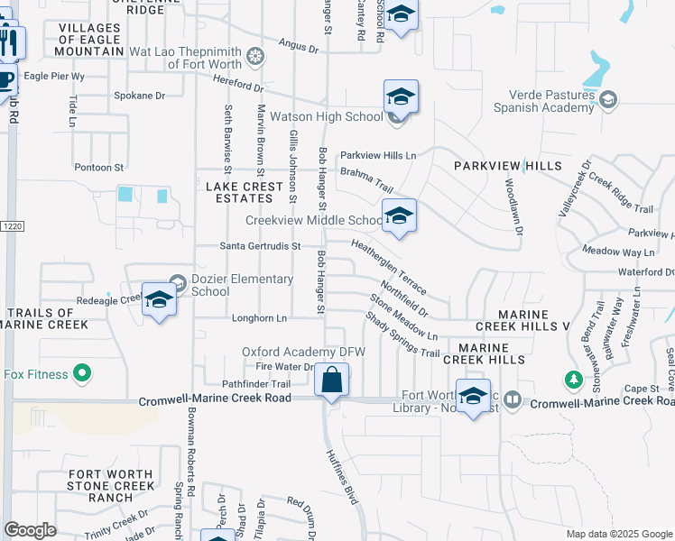 map of restaurants, bars, coffee shops, grocery stores, and more near 5916 Northfield Drive in Fort Worth