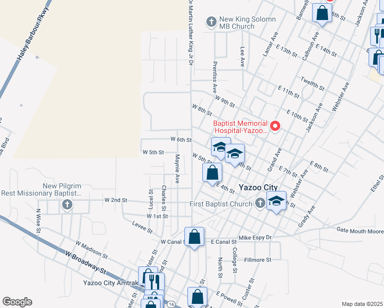map of restaurants, bars, coffee shops, grocery stores, and more near 209 West 5th Street in Yazoo City