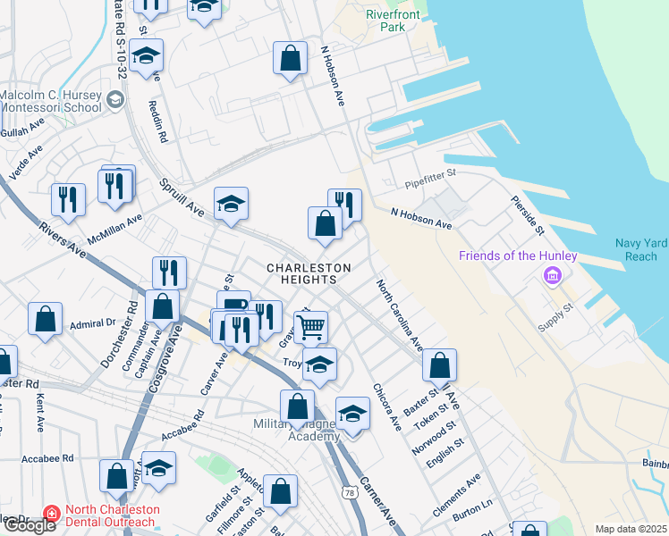 map of restaurants, bars, coffee shops, grocery stores, and more near 1831 Dayton Street in North Charleston