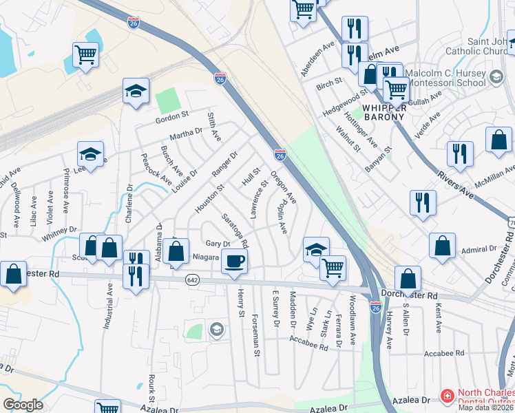 map of restaurants, bars, coffee shops, grocery stores, and more near 2671 Lawrence Street in North Charleston