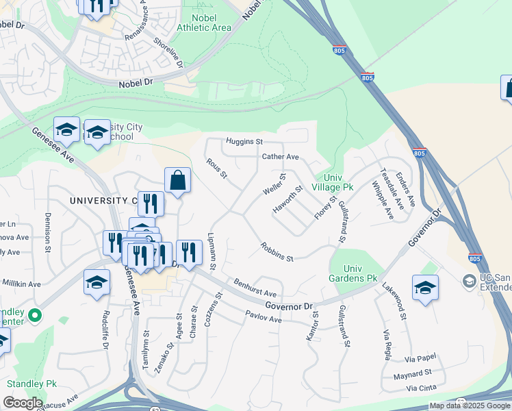 map of restaurants, bars, coffee shops, grocery stores, and more near 6907 Weller Street in San Diego