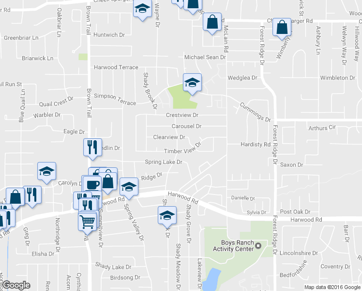 map of restaurants, bars, coffee shops, grocery stores, and more near 3204 Shady Brook Drive in Bedford