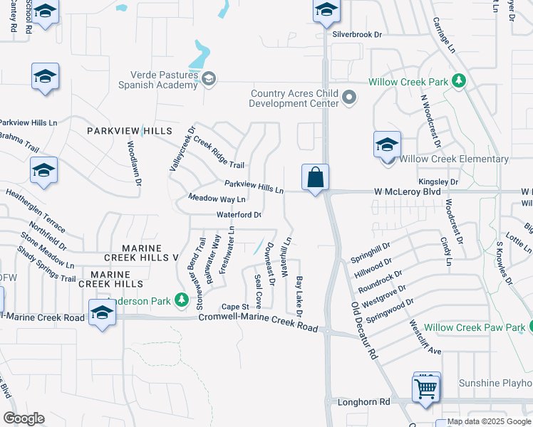 map of restaurants, bars, coffee shops, grocery stores, and more near 4837 Waterford Drive in Fort Worth