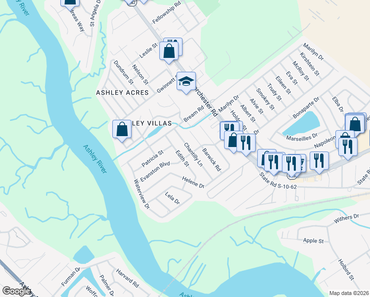 map of restaurants, bars, coffee shops, grocery stores, and more near 5321 Chantilly Lane in North Charleston