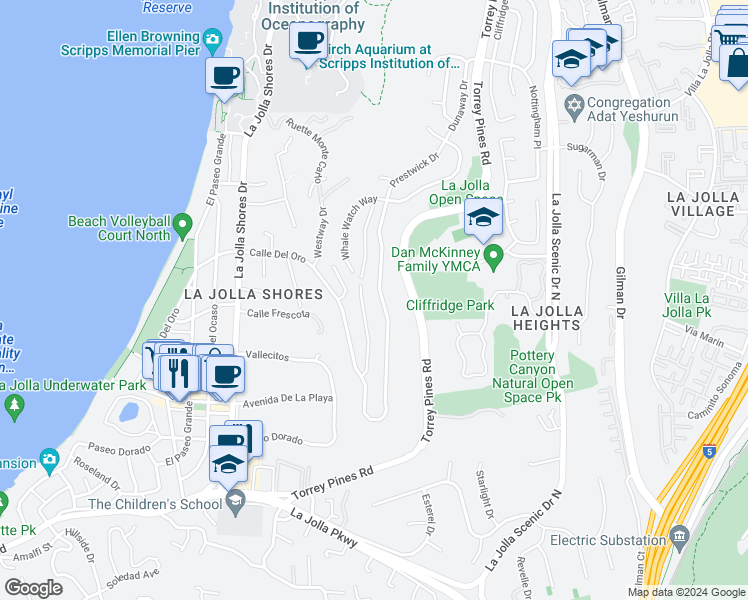 map of restaurants, bars, coffee shops, grocery stores, and more near 8316 Prestwick Drive in San Diego