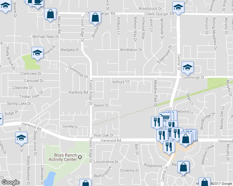map of restaurants, bars, coffee shops, grocery stores, and more near 3409 Norman Lane in Bedford