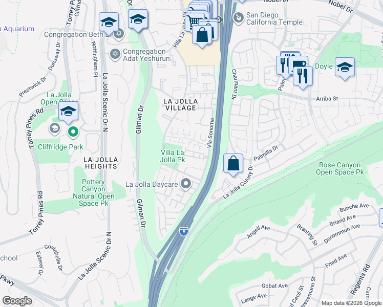map of restaurants, bars, coffee shops, grocery stores, and more near 8350 Via Sonoma in San Diego