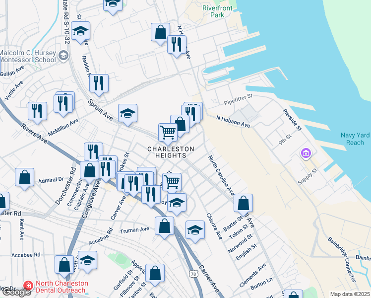 map of restaurants, bars, coffee shops, grocery stores, and more near 1831 Dayton Street in North Charleston