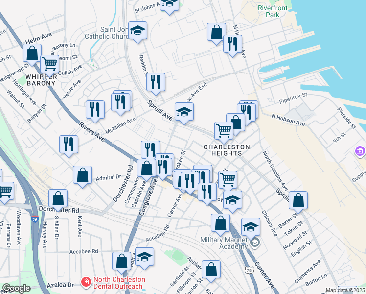map of restaurants, bars, coffee shops, grocery stores, and more near 3336 Kraft Avenue in North Charleston