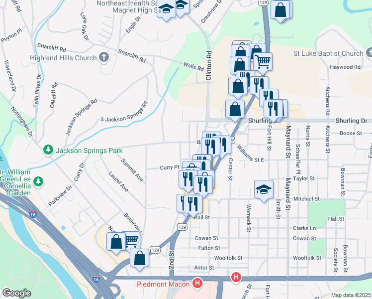 map of restaurants, bars, coffee shops, grocery stores, and more near 1176 Clinton Road in Macon