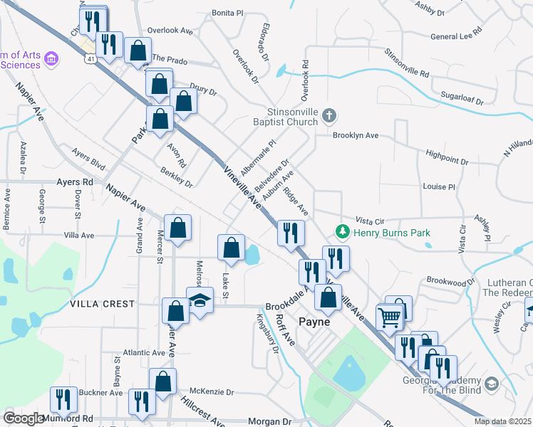 map of restaurants, bars, coffee shops, grocery stores, and more near 3477 Vineville Avenue in Macon