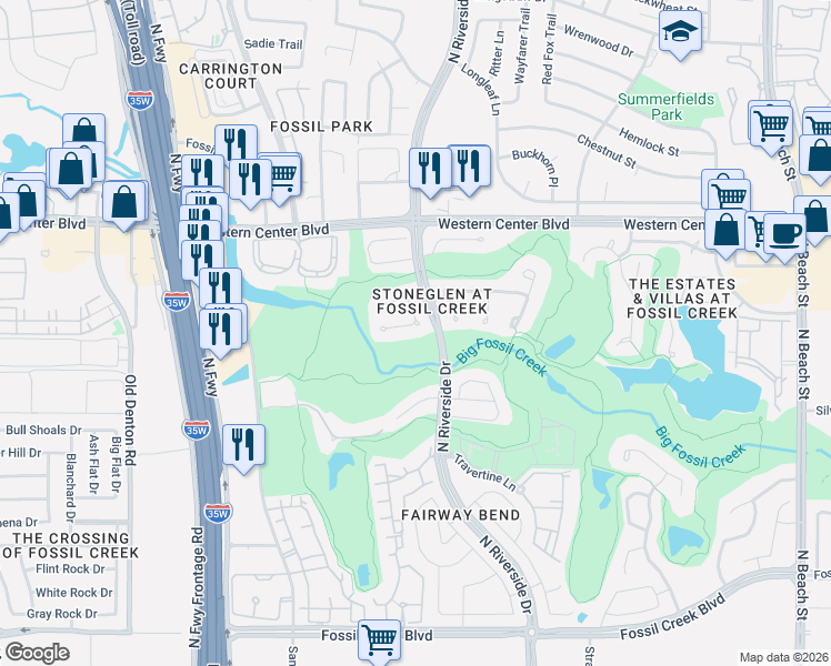 map of restaurants, bars, coffee shops, grocery stores, and more near 3536 Stone Creek Way in Fort Worth