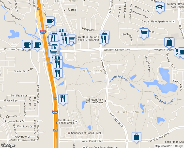 map of restaurants, bars, coffee shops, grocery stores, and more near 3500 Stone Creek Way in Fort Worth