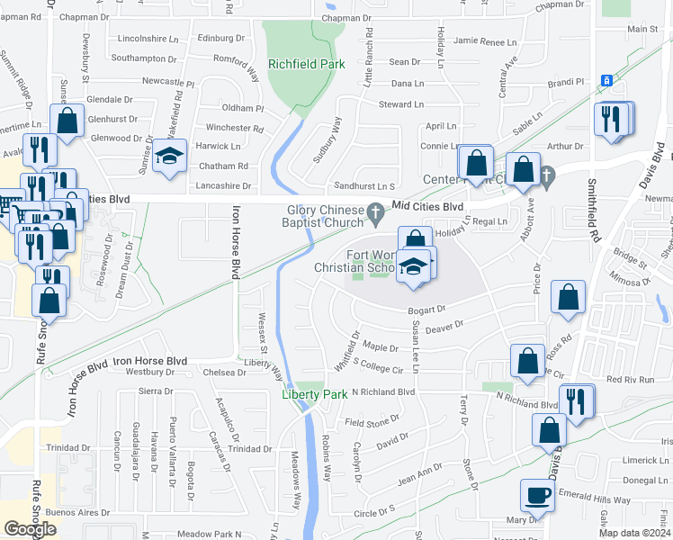 map of restaurants, bars, coffee shops, grocery stores, and more near 6100 Holiday Lane in North Richland Hills