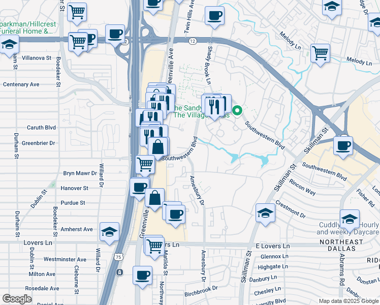 map of restaurants, bars, coffee shops, grocery stores, and more near 8208 Southwestern Boulevard in Dallas